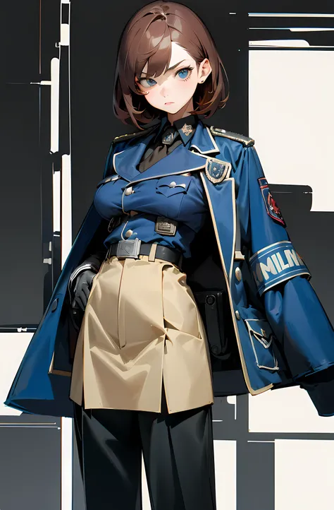 1girl, adult woman, short red/brown hair, blue eyes, stern look, athletic build, medium breasts, wearing military style blue police tunic, military cut trousers, blue military coat, scanner device over 1 eye, office, absurdes, high res, ultrasharp, 8k, mas...