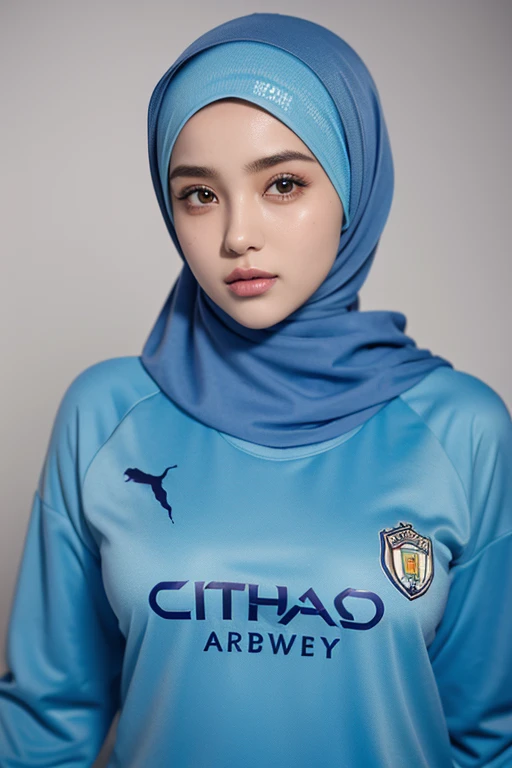 girl, hijab, beautiful, wearing Manchester City t-shirt, big breasts, UHD, masterpiece, anatomically correct, textured skin, super detail, high details, high quality, best quality, HD, 16k