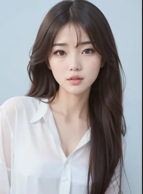 uma mulher com cabelos longos vestindo uma camisa branca e uma camisa branca, Mulher sul-coreana bonita, menina coreana, young adorable korean face, mulher coreana jovem bonita, Atriz coreana bonito, linda mulher coreana jovem, Ulzzang, Jaeyeon Nam, maquia...