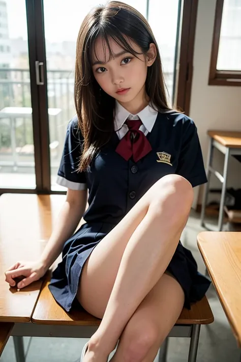 top-quality、hight resolution、ultra-detailliert、​masterpiece、Raw photography:2、realisitic:2、Photorealsitic:2、extremely delicate and beautiful、finely detail、 Textured skin、1girl in, (Light brown medium hair), ((Female Student Uniforms)), 18 year old beautifu...