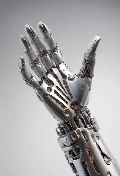 Envision an intriguing image where the subject is a beautiful robotic hand holding a pencil, captured with an exquisite focus on intricate details and a shallow depth of field. Dive into extreme micro-details to emphasize the mechanical intricacies of the ...