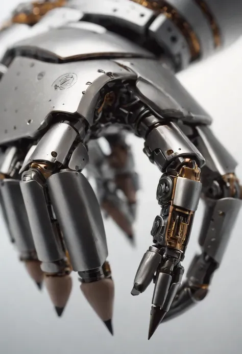 Envision an intriguing image where the subject is a beautiful robotic hand holding a pencil, captured with an exquisite focus on intricate details and a shallow depth of field. Dive into extreme micro-details to emphasize the mechanical intricacies of the ...