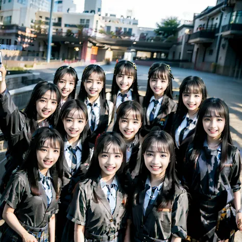 a picture、(((multiple girls))),((((6+girls))))、((10 girls))、The same face、matching school uniform、12 years old、Long black hair、10 cute girls、a smile、Selfie stick、‎Classroom、Raw photo、same person、Doppelganger、(group portraits)、a junior high school student