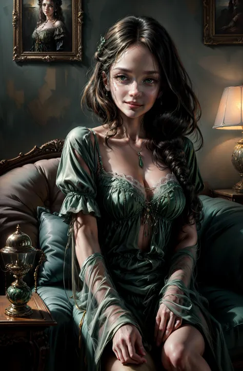 Image of a woman, looking at the camera, leaning on her hand, Smiling, in a beautiful green dress, with a neckline, Sitting on a Sofa, Sensual painting, Beautiful expressive painting, Wadim Kashin. Ultra photorealism, Louise Ross, The Art of Digital Painti...