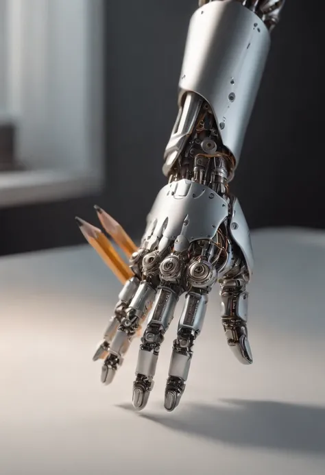 Envision an intriguing image where the subject is a beautiful robotic hand holding a pencil, captured with an exquisite focus on intricate details and a shallow depth of field. Dive into extreme micro-details to emphasize the mechanical intricacies of the ...