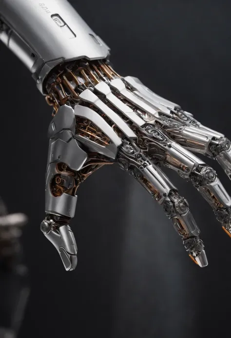 Envision an intriguing image where the subject is a beautiful robotic hand holding a pencil, captured with an exquisite focus on intricate details and a shallow depth of field. Dive into extreme micro-details to emphasize the mechanical intricacies of the ...