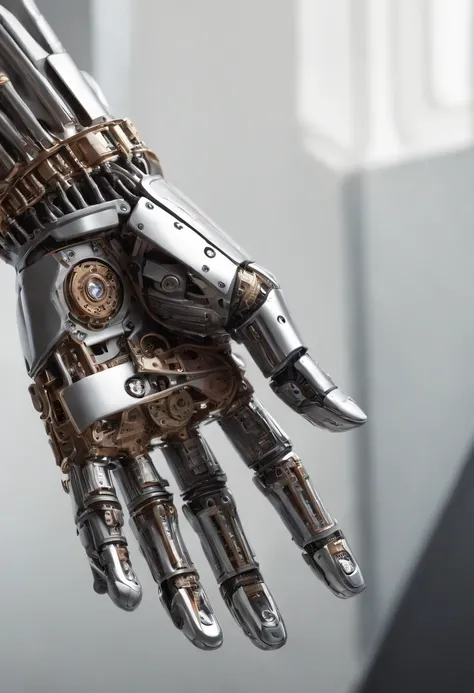 Envision an intriguing image where the subject is a beautiful robotic hand holding a pencil, captured with an exquisite focus on intricate details and a shallow depth of field. Dive into extreme micro-details to emphasize the mechanical intricacies of the ...