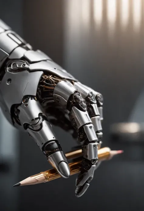 Envision an intriguing image where the subject is a beautiful robotic hand holding a pencil, captured with an exquisite focus on intricate details and a shallow depth of field. Dive into extreme micro-details to emphasize the mechanical intricacies of the ...