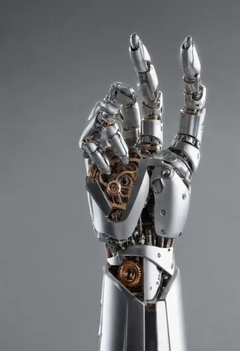 Envision an intriguing image where the subject is a beautiful robotic hand holding a pencil, captured with an exquisite focus on intricate details and a shallow depth of field. Dive into extreme micro-details to emphasize the mechanical intricacies of the ...