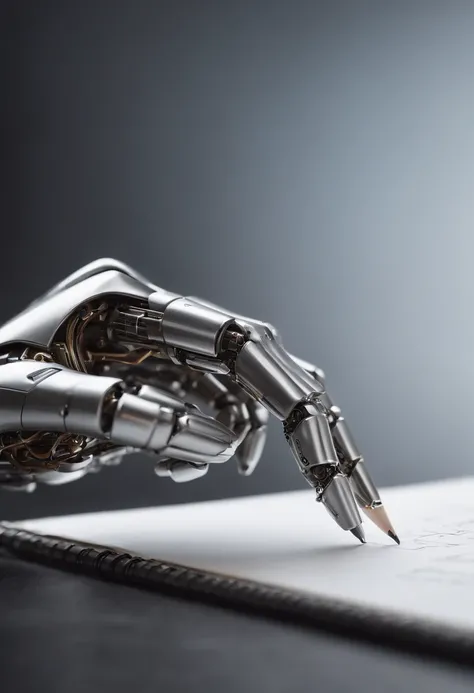 Envision an intriguing image where the subject is a beautiful robotic hand holding a pencil, captured with an exquisite focus on intricate details and a shallow depth of field. Dive into extreme micro-details to emphasize the mechanical intricacies of the ...