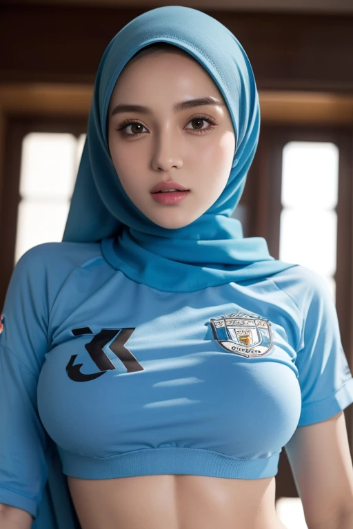 girl, hijab, beautiful, wearing Manchester City t-shirt, big breasts, UHD, masterpiece, anatomically correct, textured skin, super detail, high details, high quality, best quality, HD, 16k