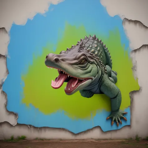 Send an image of an alligator dog painting a wall