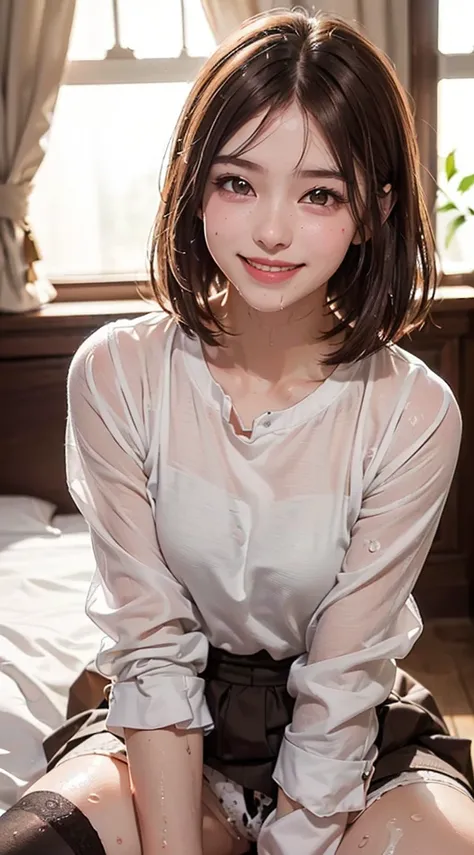 (top-quality、masutepiece、超A high resolution)、、(inside in room、Looking at the camera、Kamimei、Brown hair、a smile:1.5)、(Semen、a wet body:1.3)、25-years old、hi-school girl、short-hair、kawaii faces、(shirt、skirt by the、Black Knee High Socks)