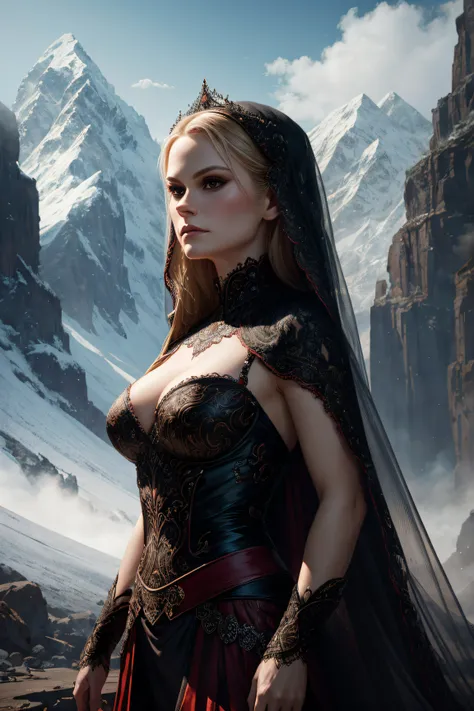 Anna Paquin, veil bride sexy clothes, stand against the background of the mountains, character portrait, 3 9 9 0 s, long hair, intricate, elegant, highly detailed, digital painting, artstation, concept art, smooth, sharp focus, illustration, art by wlop, c...