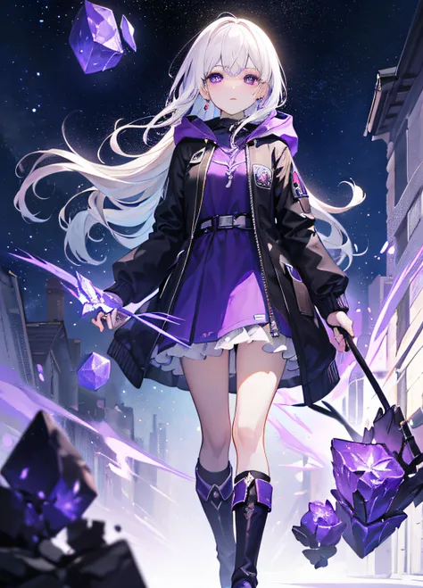 （tmasterpiece,best qualtiy,style of anime,Sense of atmosphere，higher details，CG Rendering，standing painting，Ray traching，sci-fy，An AI，awardwinning，Divine Skylight，Exquisite facial features)(white color hair，Long whit hair，Hair straightening，Purple pupils，P...