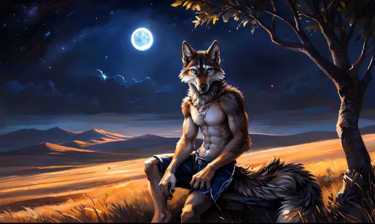 ((Solo)), male people, anthro wolf, (Multi-colored fur, White-brown:1.3, White tail pointed), (Height 2.1 meters,Tail length 1.5m), ((Wolf face, Big eyes, White eyelids, Blue pupil, Slim:1.2) (Tough, Calm expression:1.2)), Abs, Slim, pinging)), (Correct bo...