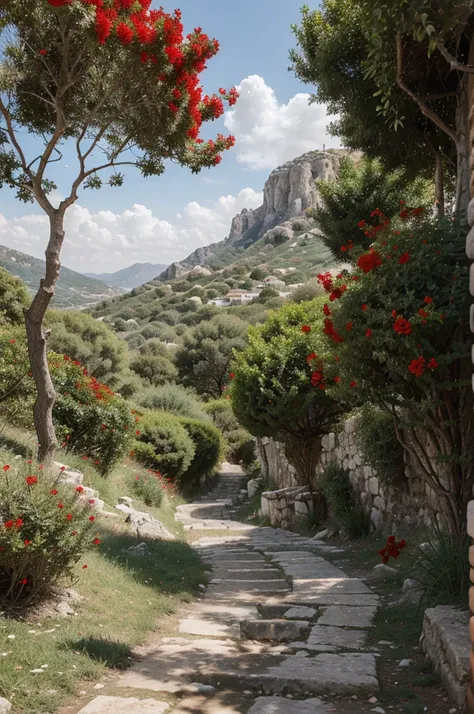 mediterranean landscape, white rocks, path up mountain, trees with dark leaves, red flowers