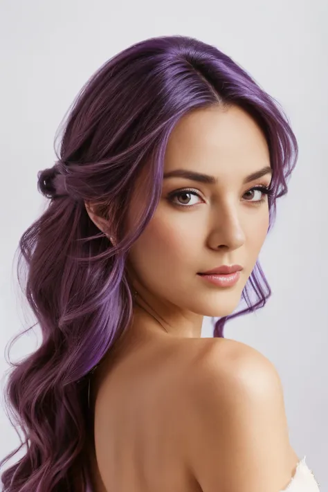 Best Quality, photorealestic, Ultra-detailed, finely detail, hight resolution, 8k wall paper, Professional, (Attractive 20 year old woman ), Elegant and stylish purple hair in wedding hairstyle, party dress , girl stay back), natural lighting, On White Bac...