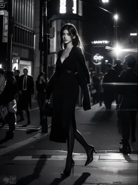 french woman walking down a busy city street in a dress, super model, ((saint lauren suites)), (camera flash), paparazzi, (black and white photo 1.4), inspired by Peter Lindbergh, in time tokyo, standing in time ginza, street photo, 4x5 styled street photo...