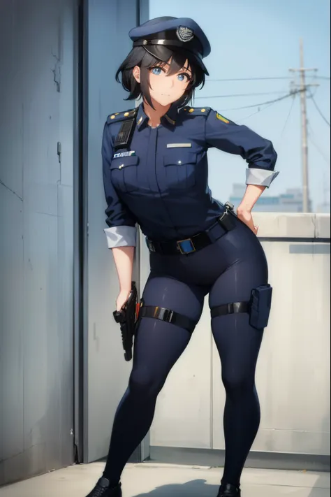 cute girl, policewoman, wearing police uniform, police, in-depth details, pistol, iraqi police clothing, full body, sexy body, s...