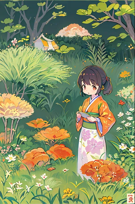 fairytale illustration/Reiko Ikemura, pixabay, simple art, full color illustration, Cute fairy tale illustration, Picture book illustration, Illustration, Hayao Miyazakis style, In the field, Kimono, Kimono