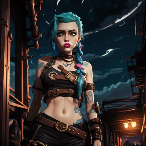 Jinx, League of legends , Arcane. She is on a worn-out pier , near a  wearhouse , industrial steampunk is the theme.There is multiple airships but the dock. Jinx is holding a minigun that is styilised.
Time of day: Fading light of a sunset on the verge of ...