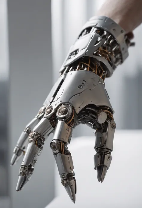 Envision an intriguing image where the subject is a beautiful robotic hand holding a pencil, captured with an exquisite focus on intricate details and a shallow depth of field. Dive into extreme micro-details to emphasize the mechanical intricacies of the ...