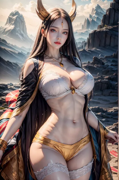 realistic, 1 women, best quality, 12k, HD, long hair, big round breasts, cleavage, ponytail, necklace, jewelry, shorts, short jacket, slim hips, hair tie, yellow eyes, black hair, super detailed, Eye details, hair details, person details, mouth details, fa...