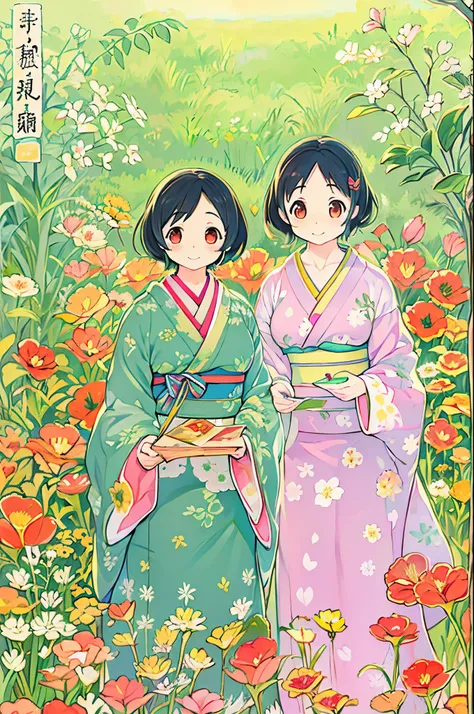 fairytale illustration/Reiko Ikemura, pixabay, simple art, full color illustration, Cute fairy tale illustration, Picture book illustration, Illustration, Hayao Miyazakis style, In the field, Kimono, Kimono、Two girls、lesbian