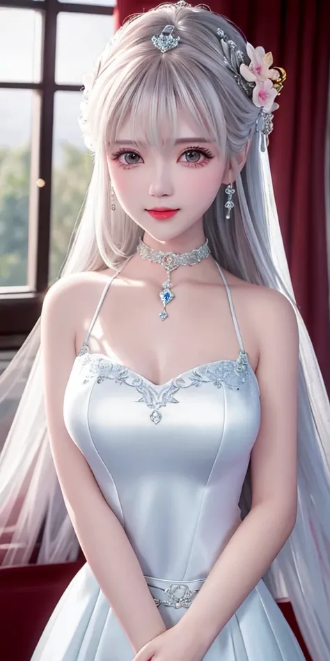 Best quality，tmasterpiece，A high resolution，1个Giant Breast Girl，Transparent silk porcelain dress，pretty  face，hair adornments，looking at viewert，ssmile，Shut your mouth，cparted lips，Straight dress，hair adornments，choker necklace，jewely，hairlength，White hair...