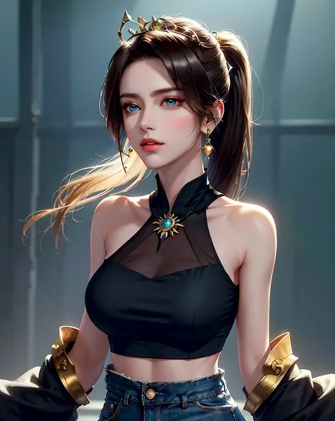 (tmasterpiece, Better quality, 1个Giant Breast Girl, Alone, Complicated details, color difference), (realist), (The skin), (primary), 1 girl Shizuku high ponytail, ((Moderate breathing)), (brunette color hair, bluntbangs), detailed hair, Red tiara, Blue hig...