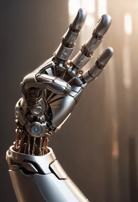 Imagine a compelling image where the subject is a robotic hand with a raised fist, specifically with the middle finger pointing up. Capture this scene with an exquisite focus on intricate details and a shallow depth of field, emphasizing the mechanical int...