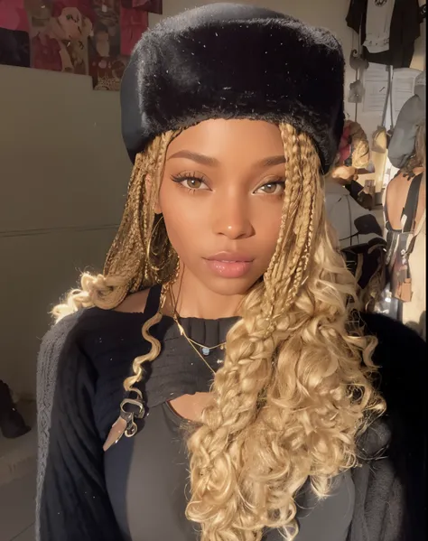 mulher loira com longos cabelos cacheados, wearing a black hat and a black sweater, longos cachos de broca loira, box braids, long curly blonde hair braided, wearing a chocker and cute hat, long braided curly hair, No estilo de Tyler Mitchell, blonde braid...