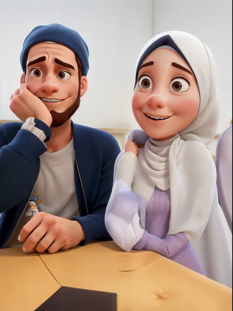 Jeune couple (homme brun avec des cheveux bruns et femme blanche, la femme porte un hijab blanc), À la Disney Pixar, Haute qualité, Meilleure qualité.