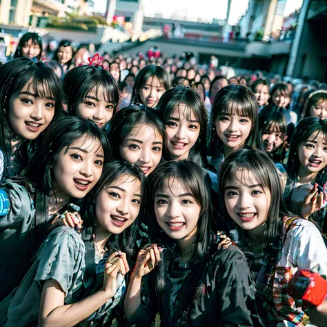 a picture、(((multiple girls))),((((6+girls)))),((((100girls)))),(((1000girls)))、((((100 Girls))))、(((crowd shot))),Women only、The same face、School Uniform、12 years old、Long black hair、100 cute girls、ssmile、Selfie stick、‎Classroom、Raw photo、(((Large group))...