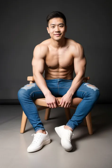 Andrew thomas huang, oval face, neat muscular, shirtless, ripped jeans, white sneakers, sitting in wooden chair, black background