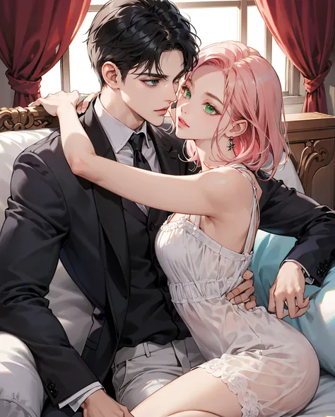 masutepiece, Best Quality, super detailed, Illustration, Beautiful detailed eyes, close up, There is a teenage girl and a boy on the sofa, The girl has pink hair, green eyes, and is wearing a white slip dress.. The boy has hazel eyes and black hair and is ...