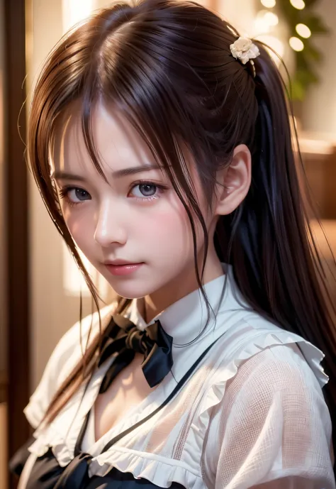 8K, of the highest quality, masutepiece:1.2), (Realistic, Photorealsitic:1.37), of the highest quality, masutepiece, Beautiful young woman, Pensive expression,、A charming、and an inviting look, Cute Maid Clothes, Hair tied back, Cinematic background, Light ...