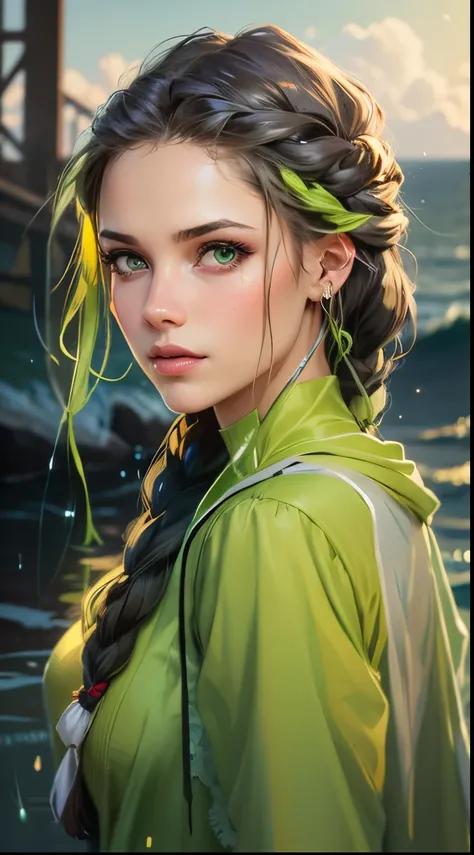 Olhos verdes, garota de olhos verdes, fundo de mar, paisagem de fundo de mar, garota de cabelo preto, girl with black braided hair, braided girl, girl with braided hair, braided hair, paisagem de fundo com o mar, mar de fundo, roupa cinzenta, garota de rou...