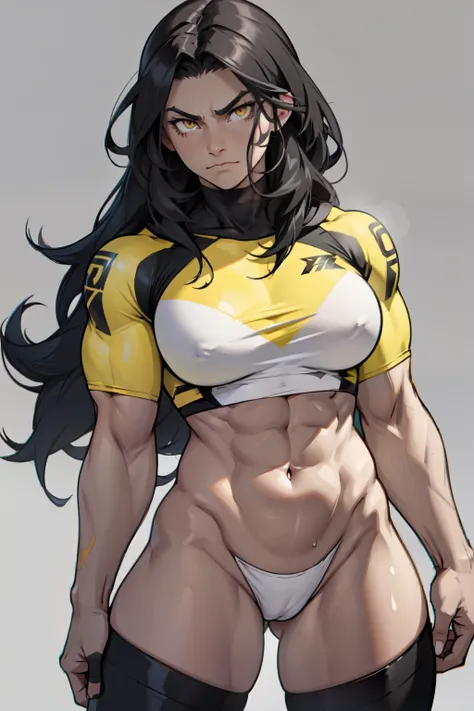 girl ((1girl)) breasts pale skin (muscular) toned body thick thighs black hair yellow eyes (long hair grey background) bodybuilder frowning (skindentation)