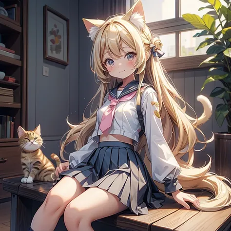 best quality, girl, (loli), kawaii, long hair, blonde hair, light smile, ((small breasts)), (turning around), (pleated_skirt), looking back, sitting, seifuku, full body, cat ear,