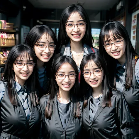 a picture、6+girl with、Black-rimmed glasses、((((Gigantic Breasts))))、matching school uniform、matching black-rimmed glasses、7 cute 18 year old girls with long black hair and big breasts、a smile、selfee、‎Classroom、Raw photo、The same face、clones、Raw photo、same ...