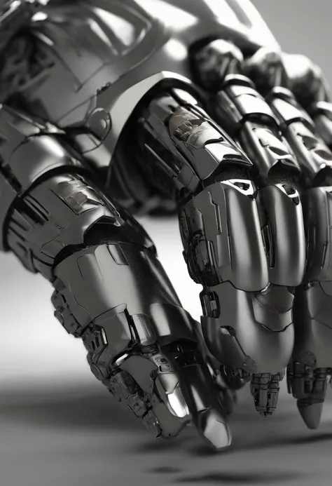 Imagine a compelling image where the subject is a robotic hand with a raised fist, specifically with the middle finger pointing up. Capture this scene with an exquisite focus on intricate details and a shallow depth of field, emphasizing the mechanical int...