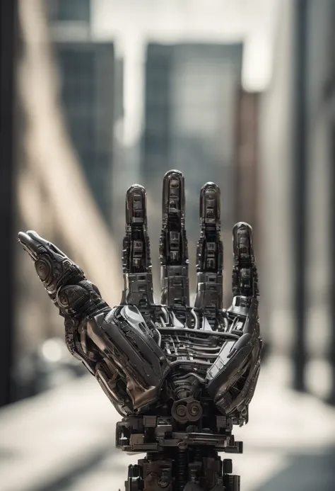 Imagine a compelling image where the subject is a robotic hand with a raised fist, specifically with the middle finger pointing up. Capture this scene with an exquisite focus on intricate details and a shallow depth of field, emphasizing the mechanical int...