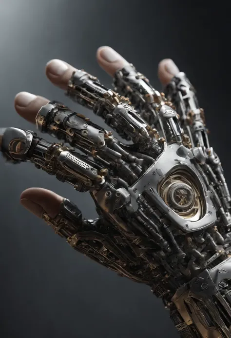 Imagine a compelling image where the subject is a robotic hand with a raised fist, specifically with the middle finger pointing up. Capture this scene with an exquisite focus on intricate details and a shallow depth of field, emphasizing the mechanical int...