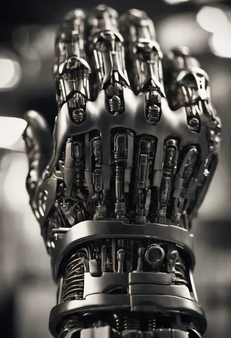 Imagine a compelling image where the subject is a robotic hand with a raised fist, specifically with the middle finger pointing up. Capture this scene with an exquisite focus on intricate details and a shallow depth of field, emphasizing the mechanical int...