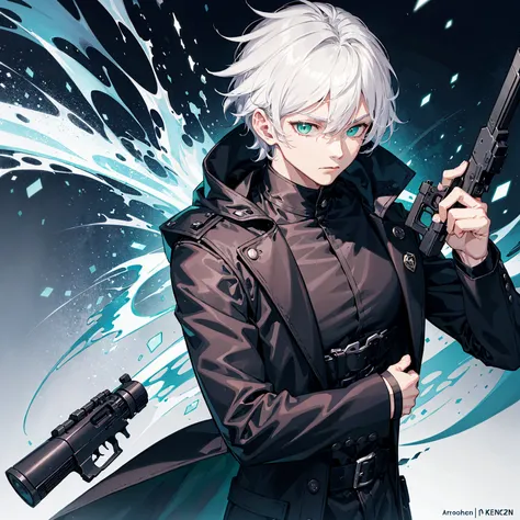 1 boy,wearing a black coat ,white hair,green eyes,lean,muscular,holding a gun to viewer