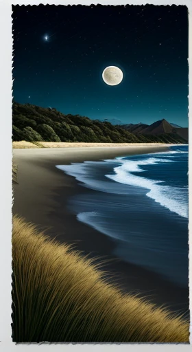 New Zealand beach with tall grass and breeze at midnight full moon in the sky