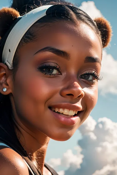 masterpiece, top quality, cinematic stills, one black girl, floating in the sky, cloud ebony girl, clouds, (close-up: 1.1), bright, happy, fun, soft lighting, (Bauhaus, shape, line, abstract: 1.1), panda ears