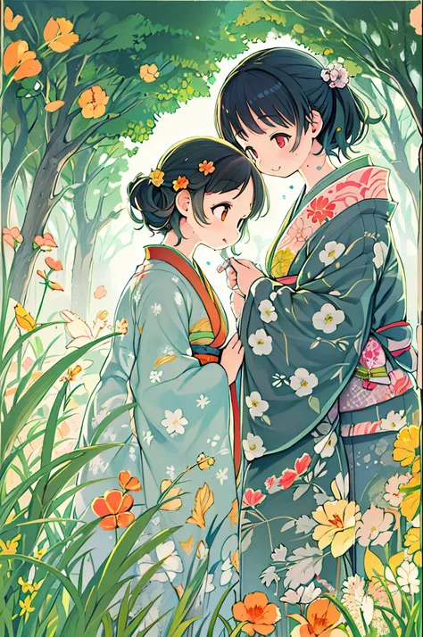 fairytale illustration/Reiko Ikemura, pixabay, simple art, full color illustration, Cute fairy tale illustration, Picture book illustration, Illustration, Hayao Miyazakis style, In the field, Kimono, Kimono、Two girls、lesbian